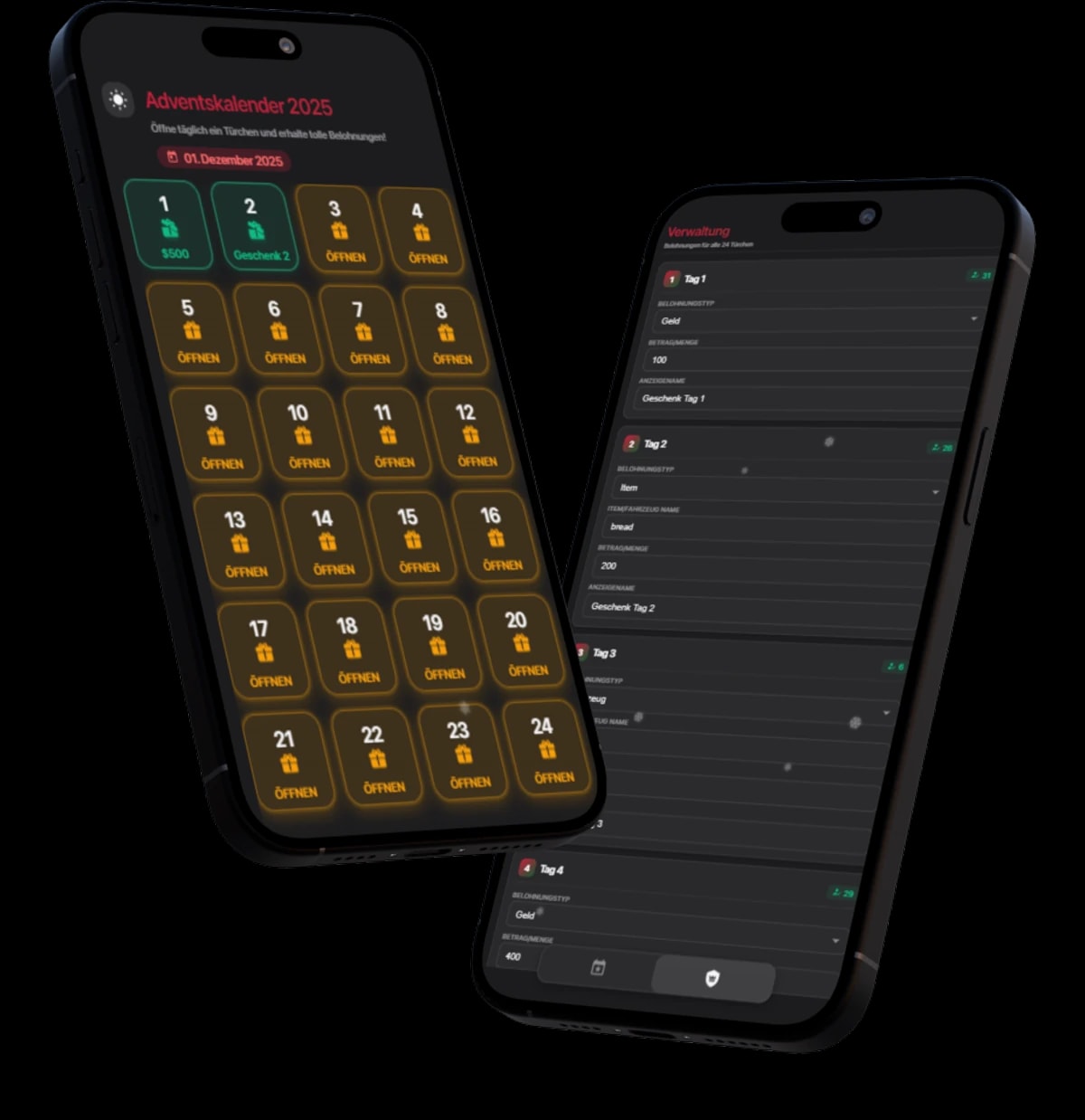 The Advent Calendar custom app on two phones: the calendar doors and its admin panel