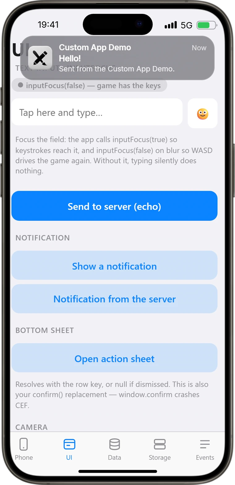 A notification from the Custom App Demo arriving at the top of RoadPhone-Pro