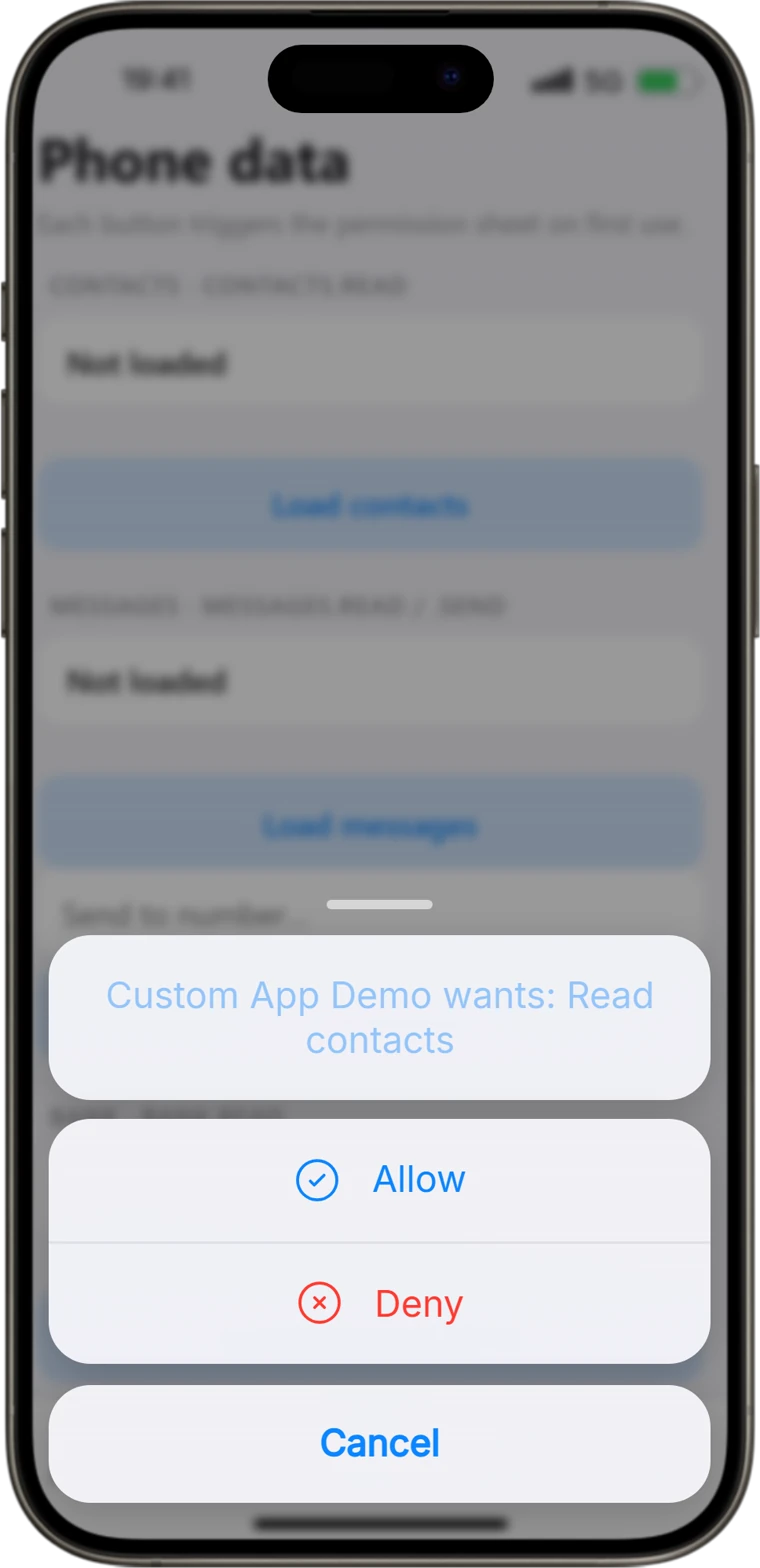 RoadPhone-Pro asking whether the Custom App Demo may read contacts, with Allow and Deny