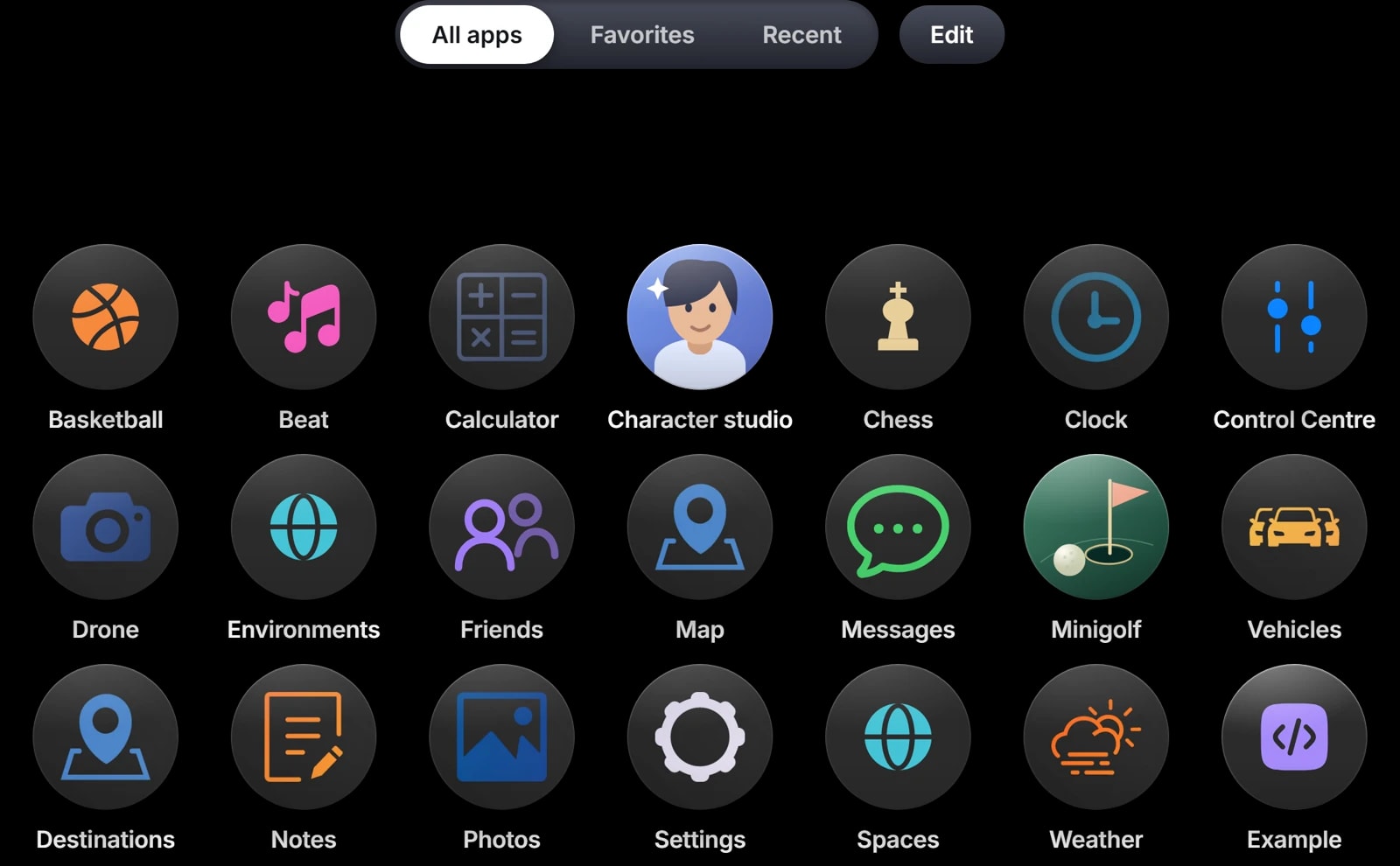 The RoadVR home screen with the Example app’s icon among the built-in apps