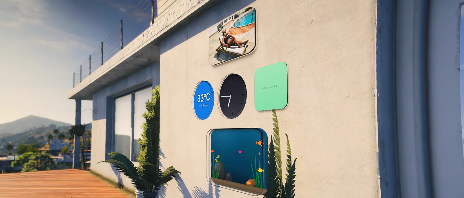 RoadVR’s own widgets on a villa wall in game: a photo, weather, a clock, a note and an aquarium