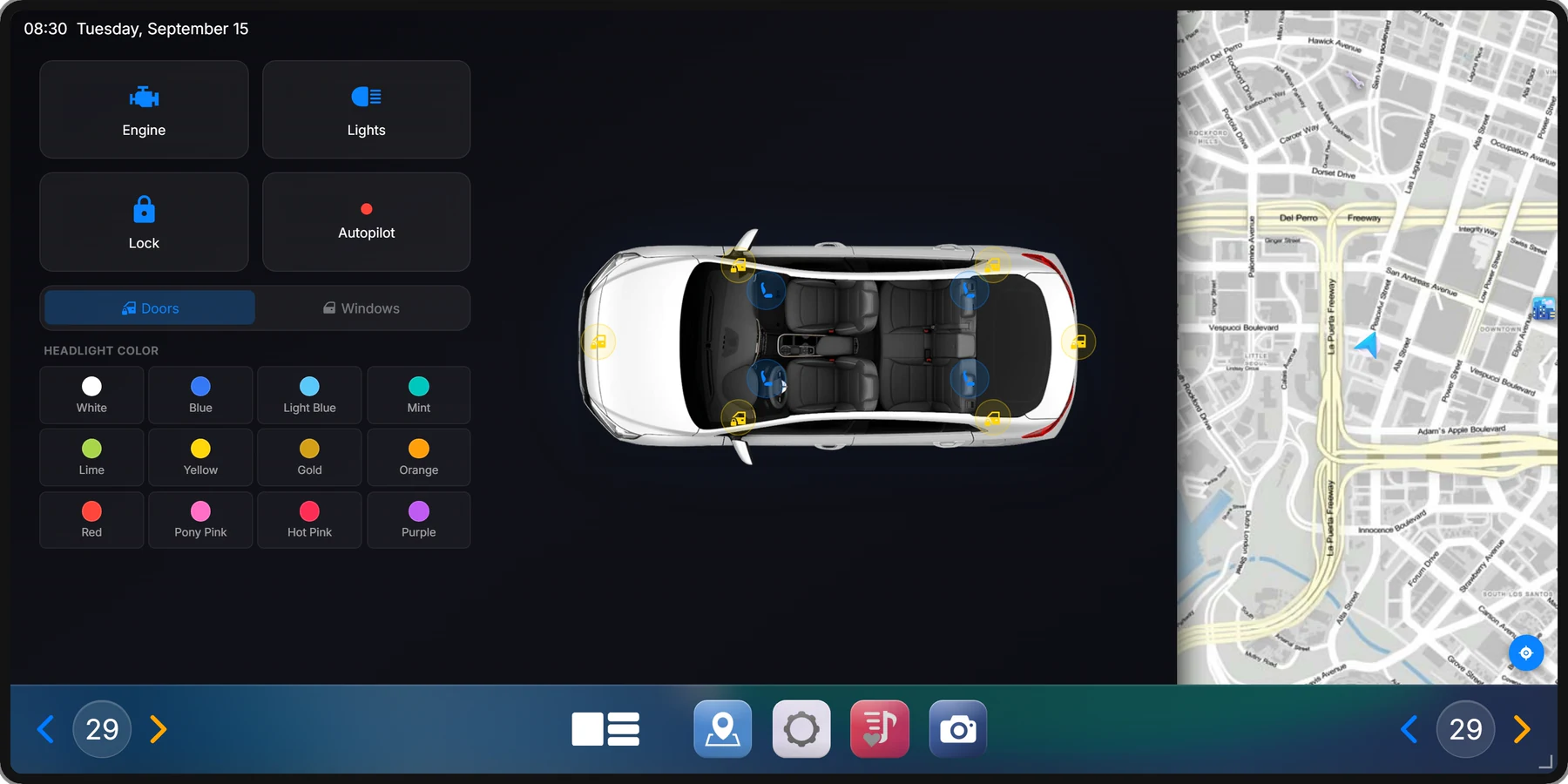 The Actions app: engine, lights, lock, autopilot, doors on a top-down car and headlight colours