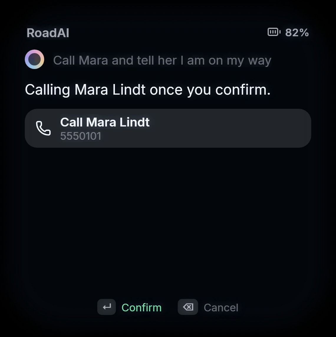 RoadAI waiting for a confirmation before it places a call