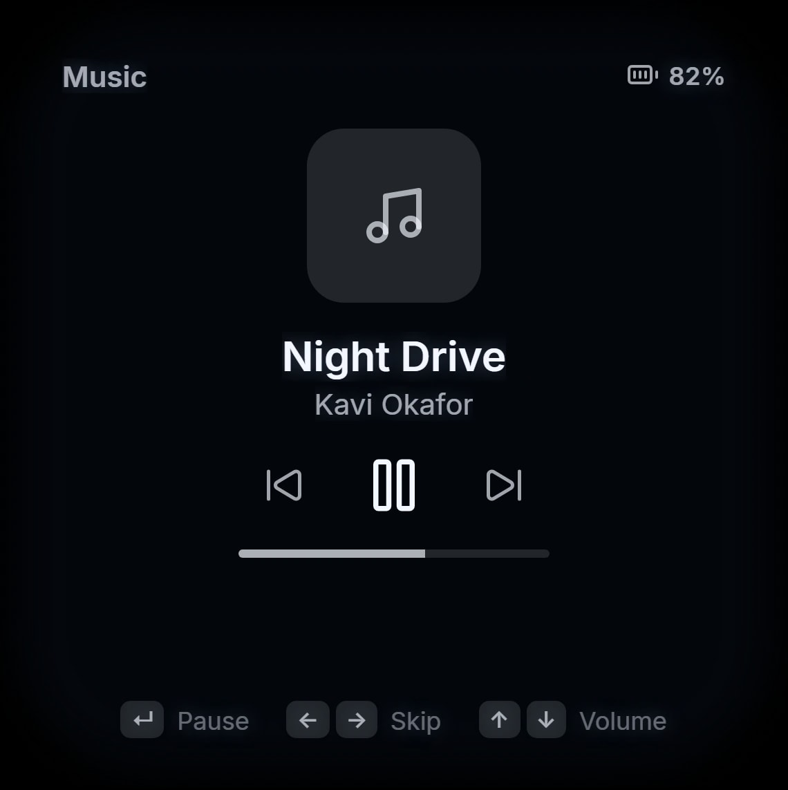 Now playing on the Lens Display, with pause, skip and volume