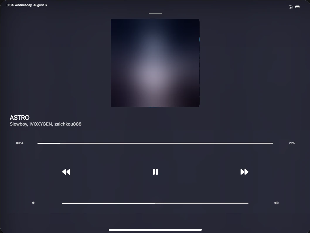 The RoadPad music player with a progress bar, previous, pause and next buttons and a volume slider