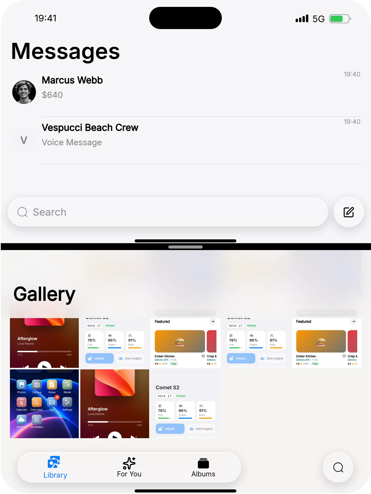 Two apps at once, held upright: Messages above Photos