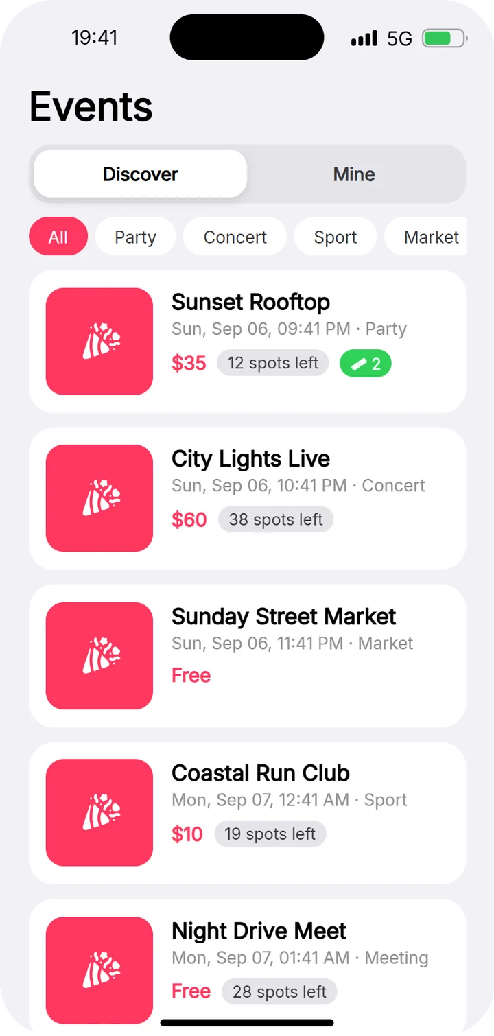 Events in RoadOS 2.7 with upcoming events and tickets