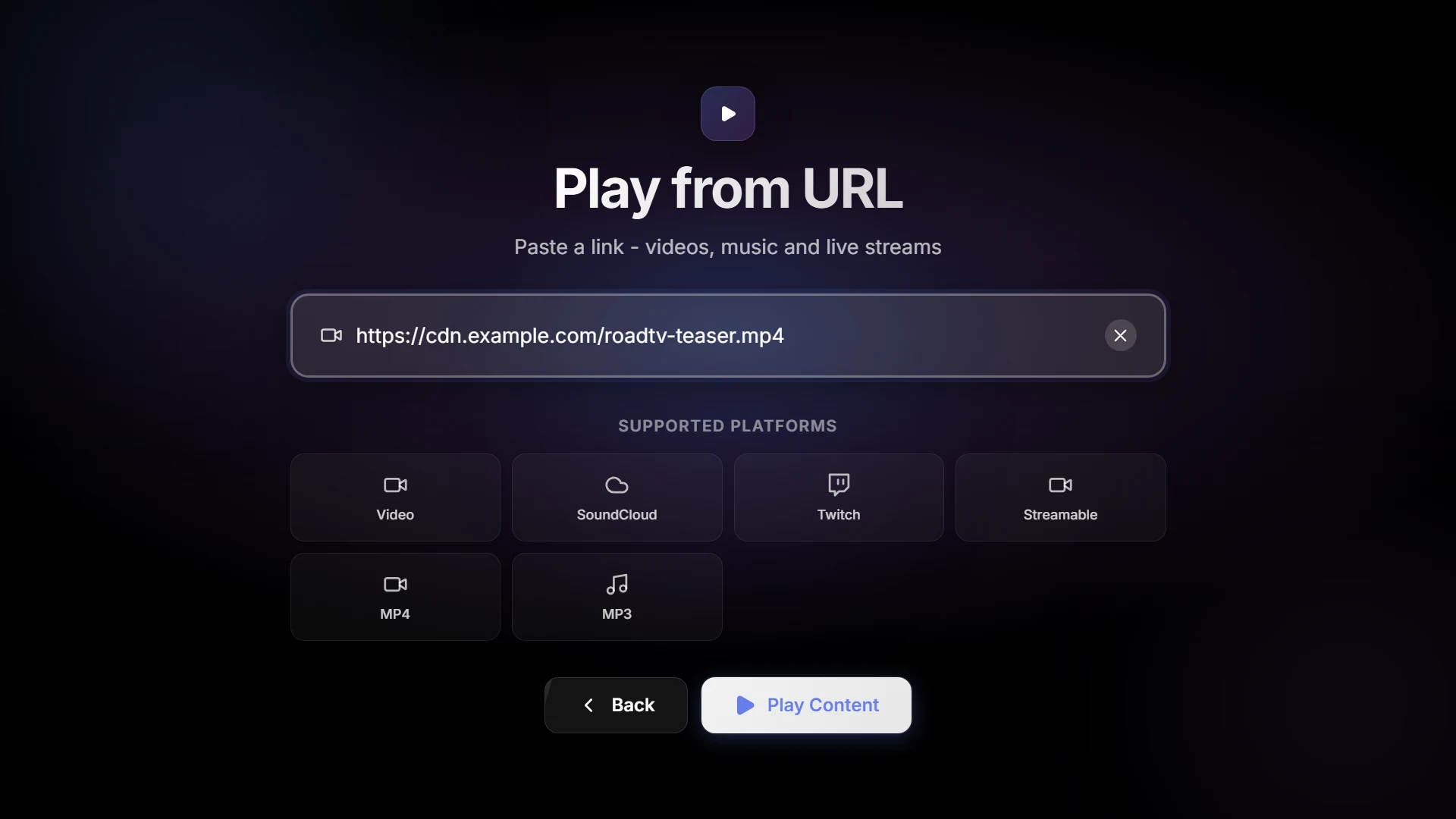 RoadTV’s Play from URL screen with an MP4 link pasted into the field and Play Content ready
