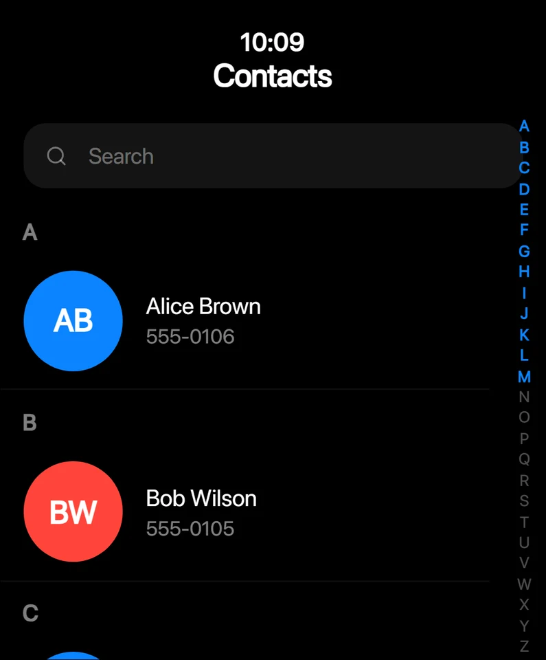 RoadWatch contacts list with its alphabetical index